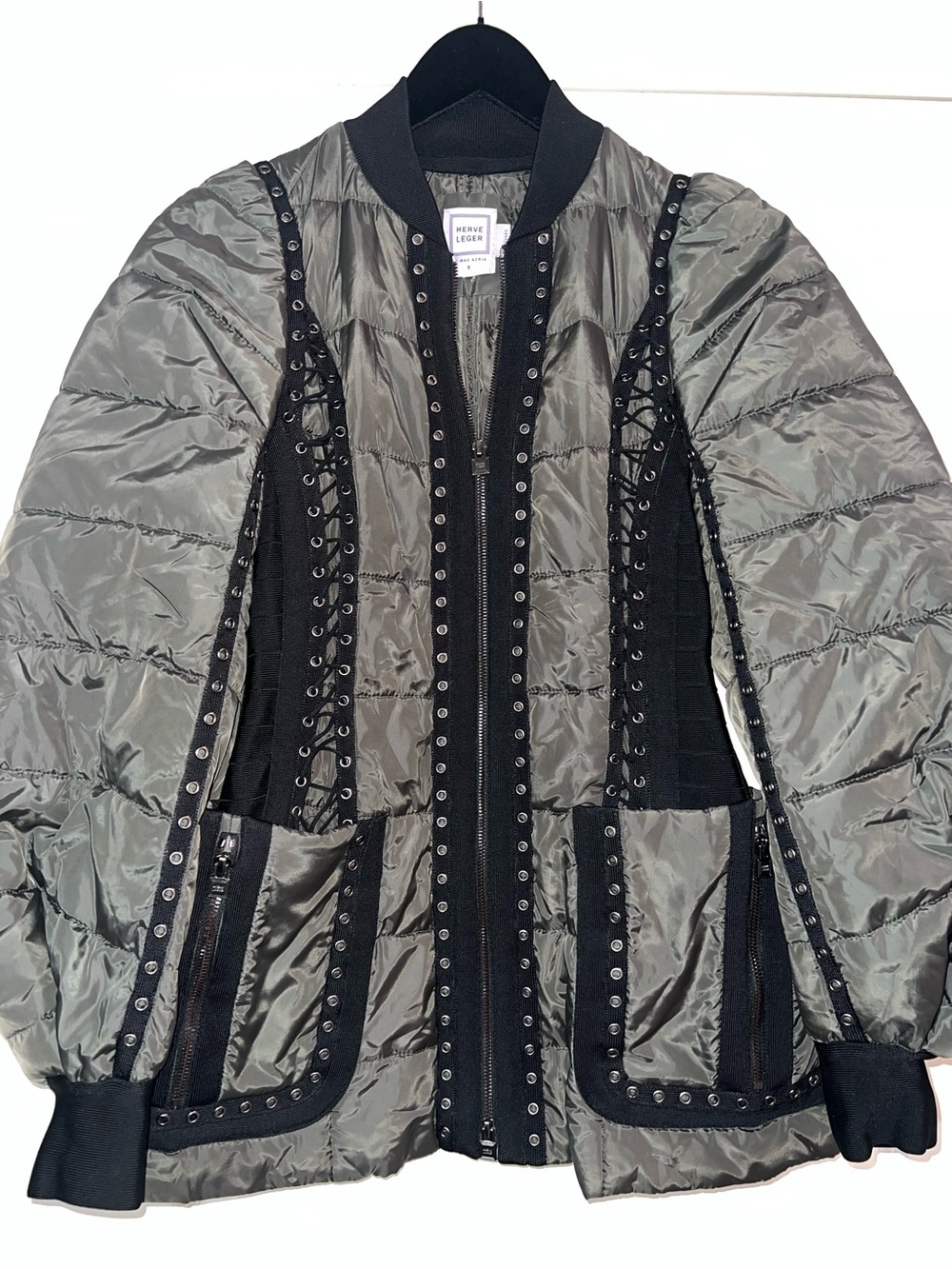 Herve Leger Olive Green & Black Quilted Bomber Jacket
